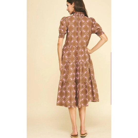 Pinch Printed Midi Dress Women Large Brown Prairie Peasant Boho Cottage Milkmaid - Picture 12 of 12
